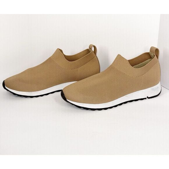 Womens Sport Mesh Knit Sneaker Beige 7.5/38 Tan Walking Sock Shoes Casual No Tie - Picture 2 of 11
